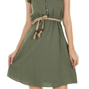 Chic green summer dress with ruffled sleeves and rope belt, ideal for casual fashion.